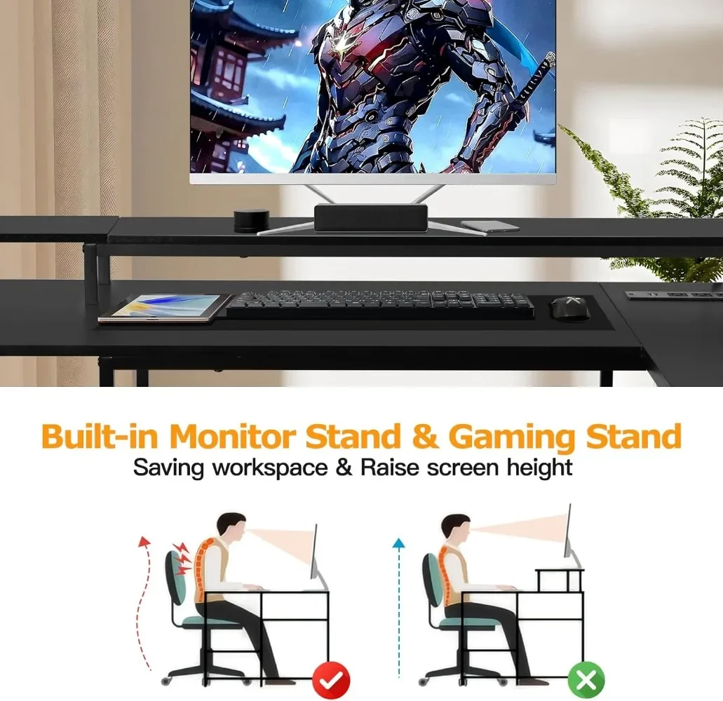 L Shaped Gaming Desk with LED Lights & Power Outlets, Reversible Computer Desk with Stand & Shelves 5