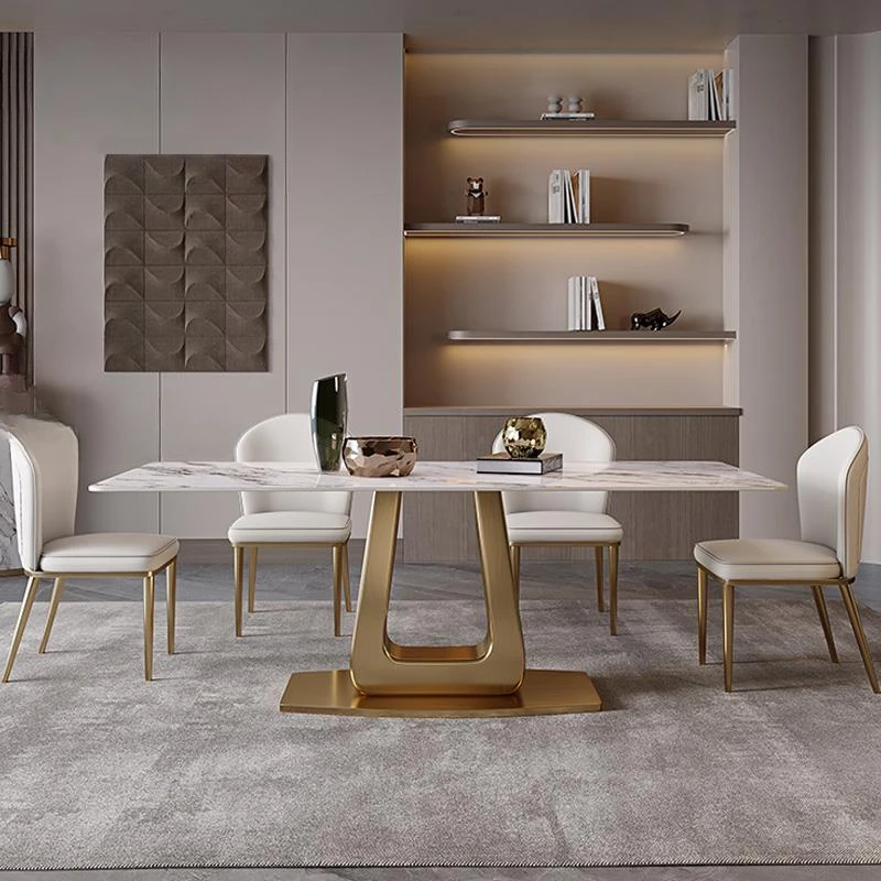 

Роскошные наборы для столовой, стальная базовая пластина, кухонная мебель, глянцевая каменная доска, прямоугольная настольная, 70 дюймов, золотой обеденный стол