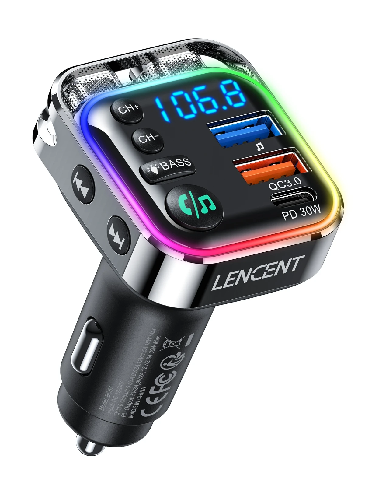 ตัวเลือกสินค้า LENCENTบลูทูธ 5.3 เครื่องส่งสัญญาณFM PD 30W & QC3.0 Fast Chargerบลูทูธอะแดปเตอร์รถHi-Fiเพลง/Clear Calling Car Kit