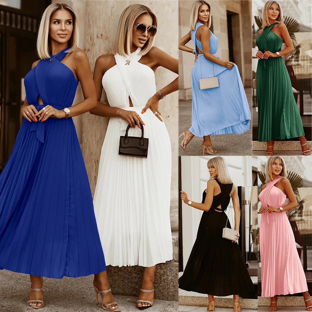 

Summer Women Chiffon A Line Party Dress 2022 Elegant Pleats Crossed Halter Neck Sleeveless Hollow Out Casual Drsses