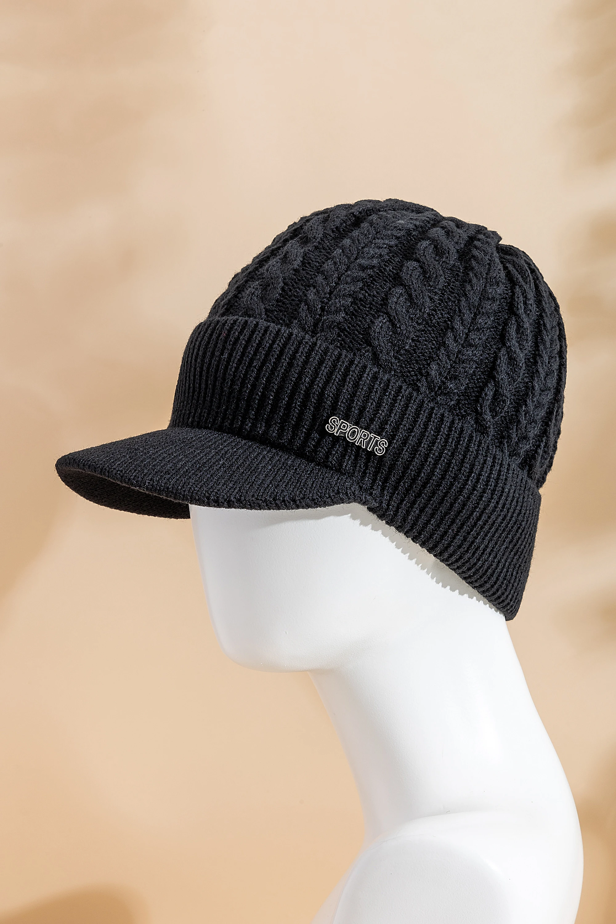 Heißer Verkauf Unisex Wintermütze mit Krempe, pelzgefütterte Beanie-Mütze, Sportetikett, gemütliche Strickmützen für Männer und Frauen – Detail 3