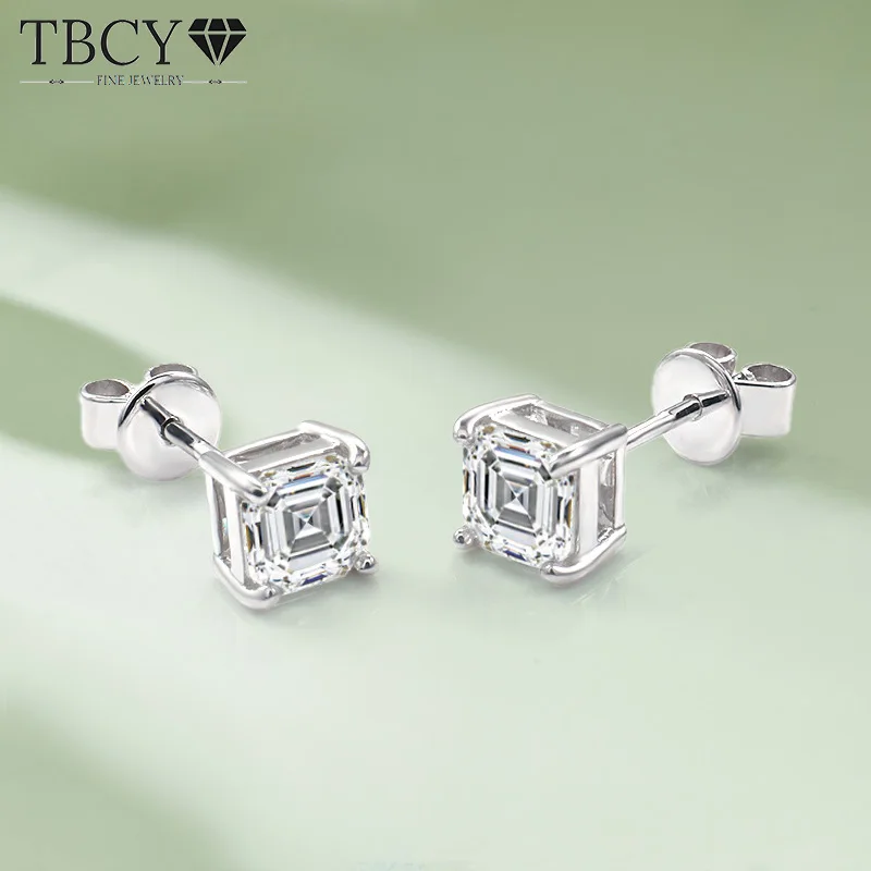 

TBCYD 2CT D VVS1 Asscher Cut Moissanite Earrings For Women S925 Silver Classic 4 Prongs Diamond Ear Studs Sparkling Fine Jewelry