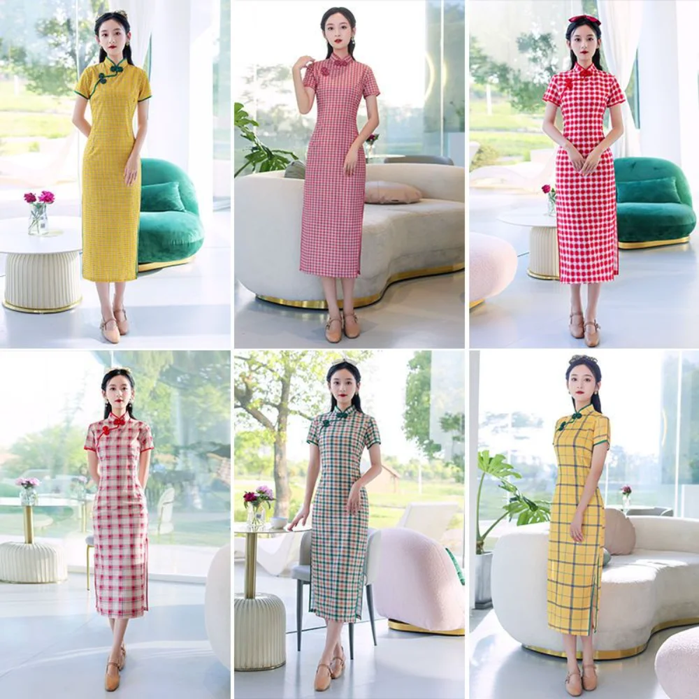 

Green Red Yellow Plaid Improved Cheongsam 2023 Spring Summer New Girl Young Style Retro Oriental Chinese Modern Qipao Dress