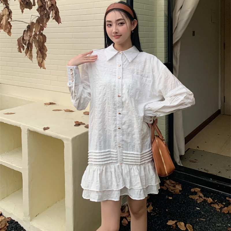 

Платье-рубашка женское с отложным воротником, свободное однобортное, с высокой талией, с оборками, в стиле пэчворк, лето