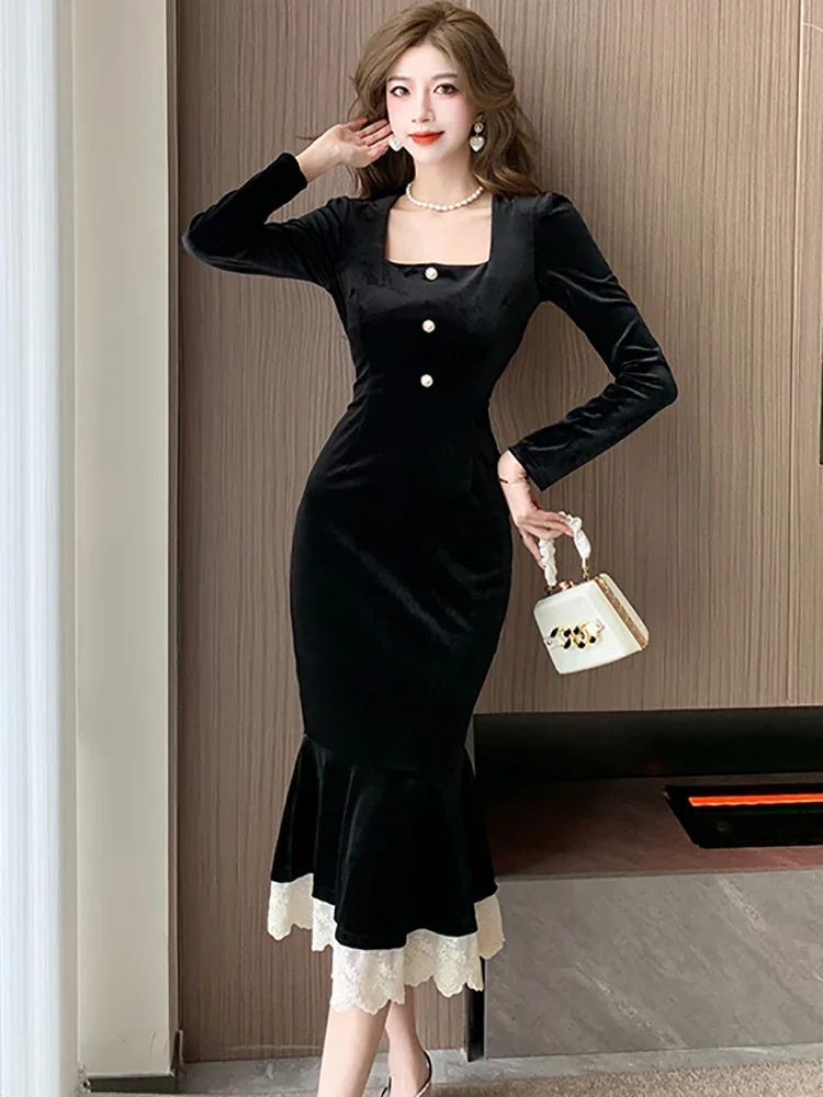 WomenElegantLuxuryBirthdayDressAutumnWinterBlackVelvetSquare