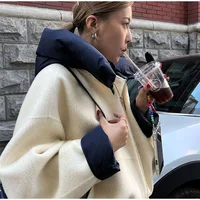 Zipper Panelled Women's Jackets With Hoodies Casual Drawstring Long Sleeved Jacket Female Autumn Winter Short Loose Outwear Tops 1