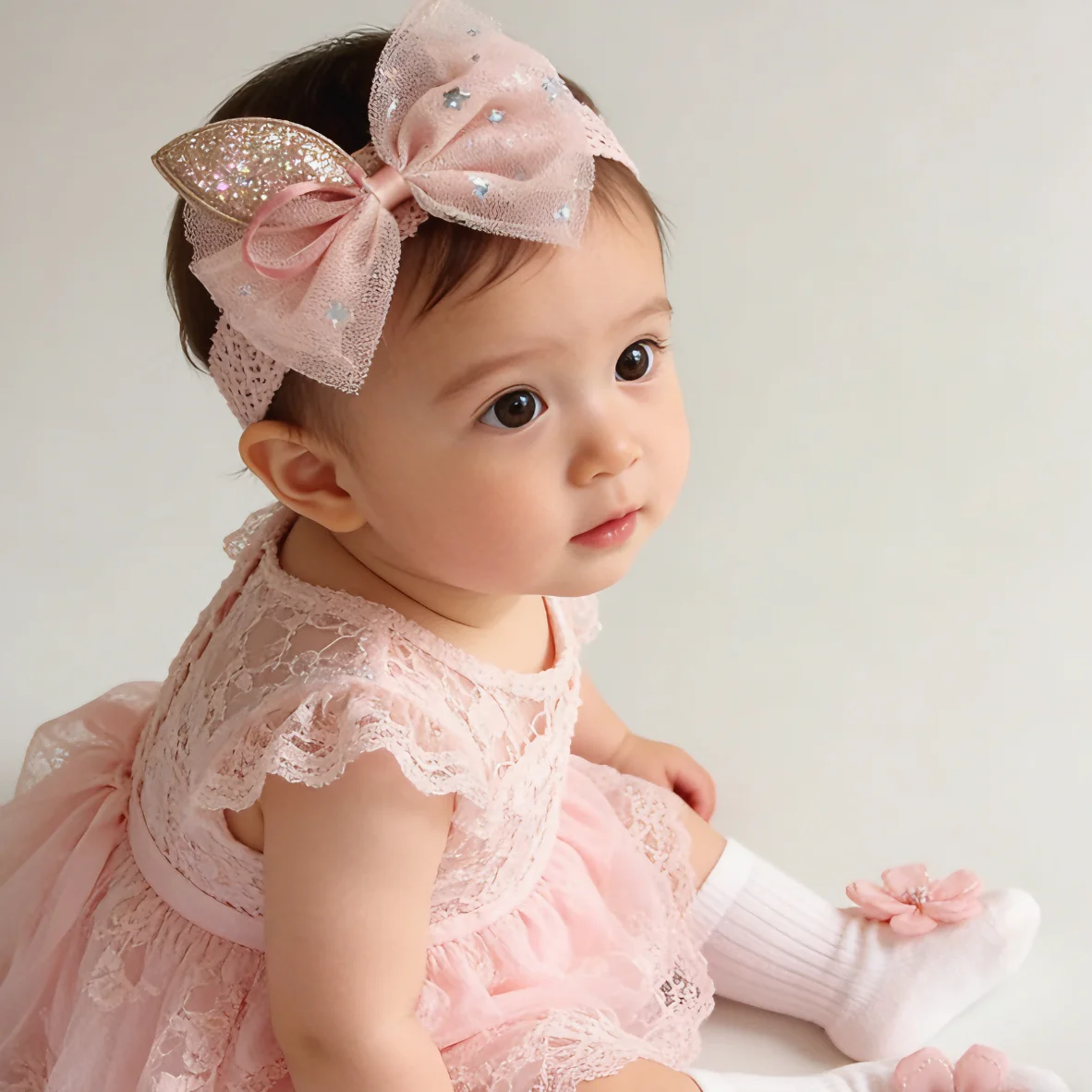3 Pcs Baby Girl Accessories Set: 1 Socks, 2 Bow Headbands with Gift Box, Holiday Party Gift Box, Ideal Newborn Remembrance Gift - 3