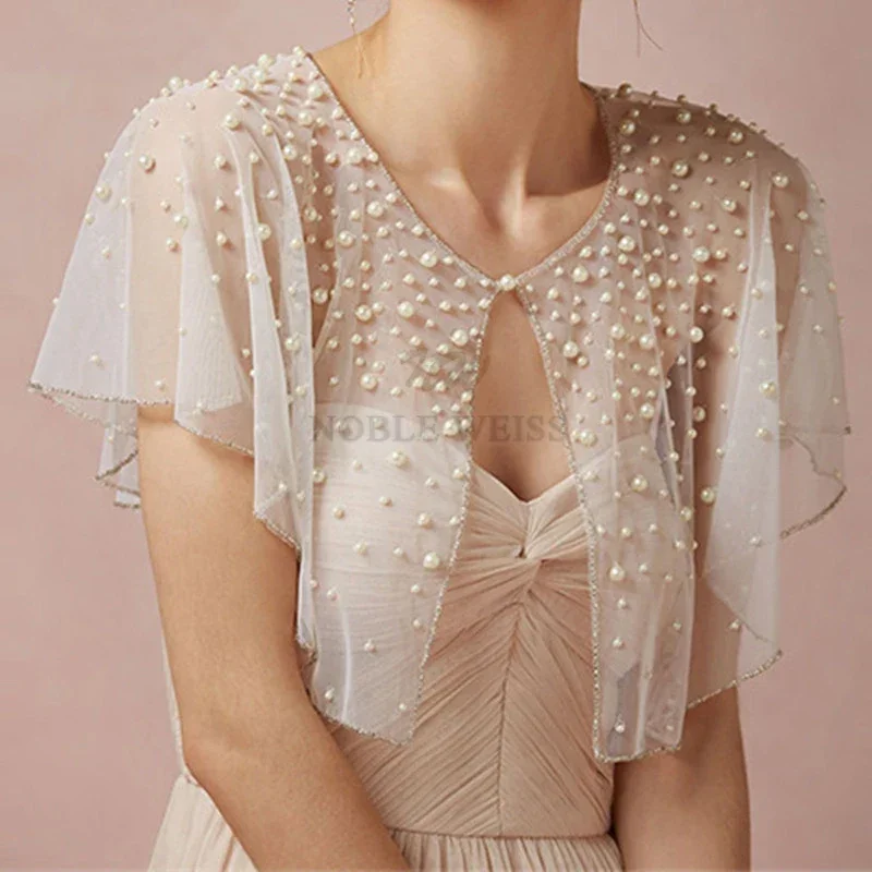 Pearls Tulle Satin Wedding Shawl Bolero Jackets For Bridal Party Coat Bridal Wrap Customized wedding shawl