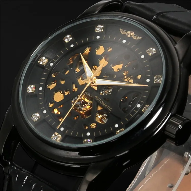 

Fashion Winner Top Brand Luxury Royal Diamond Design Black Gold Montre Homme Mens Relogio Male Skeleton Mechanical Wrist Watches