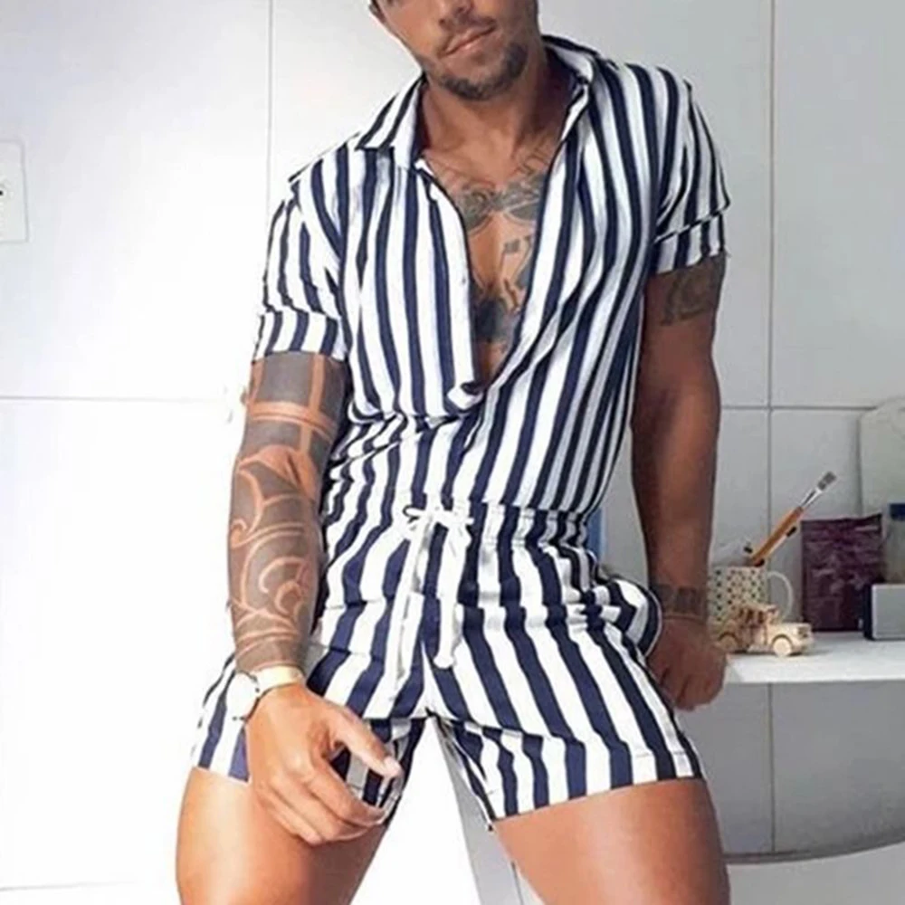 Fashion Men Striped Rompers Short Sleeve Button Shorts Lapel Jumpsuit Drawstring Streetwear 2024 Casual Playsuit Hombre