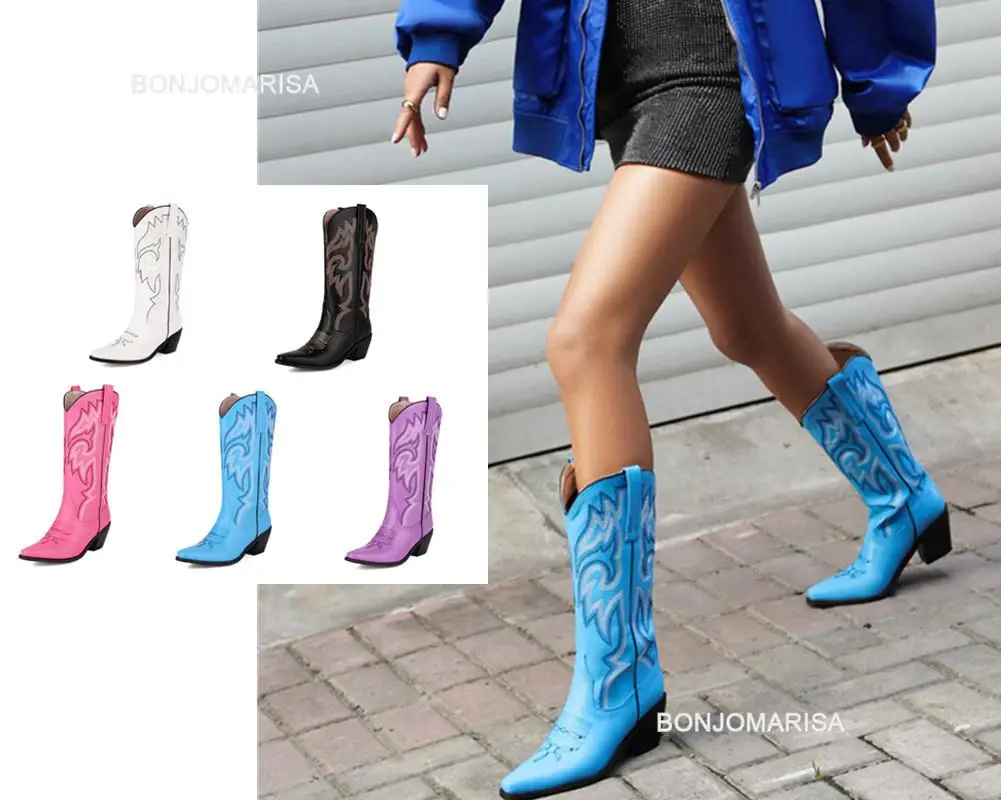 Cowgirl Boots Women Embroidery Knee High mid Calf Cowboy Boots Slip On Pointed Toe Candy Color Fashion Shoes Winter Western