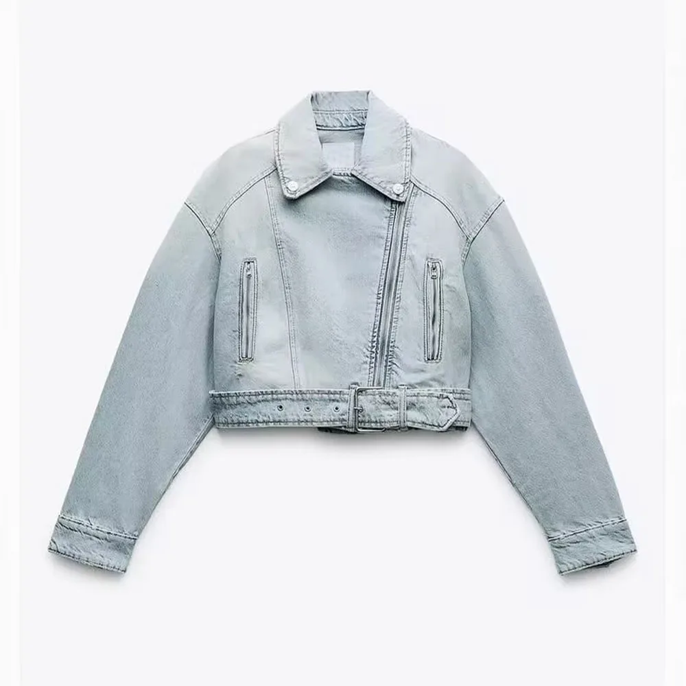 

Early autumn new fashion women's retro street trend all-match lapel long-sleeved motorcycle denim jacket coat