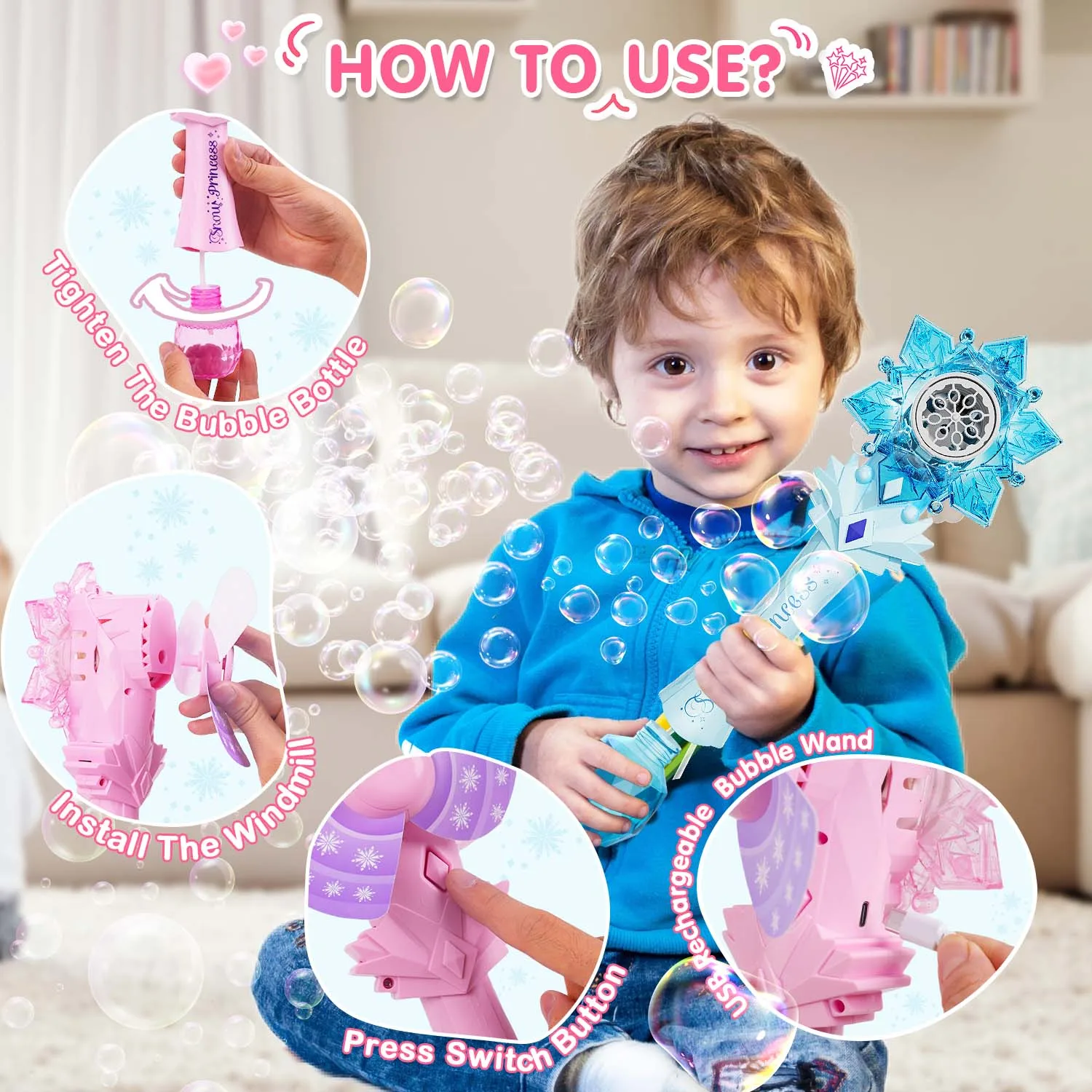 VATOS Recharge Bubble Wand X2 for Kids Girls Boys LED Electric Auto Snowflake Bubble Blower Gun With LED Light Music Outdoor Fun 4