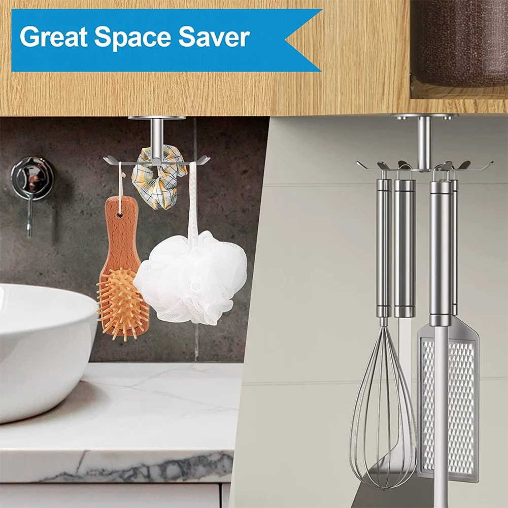 Under Cabinet Rotating Utensil Holder 6 Hooks Stainless Steel Hanging Rack Screw Kitchen Bathroom Storage Rack Kitchen Storage Rack Kitchen Hooks