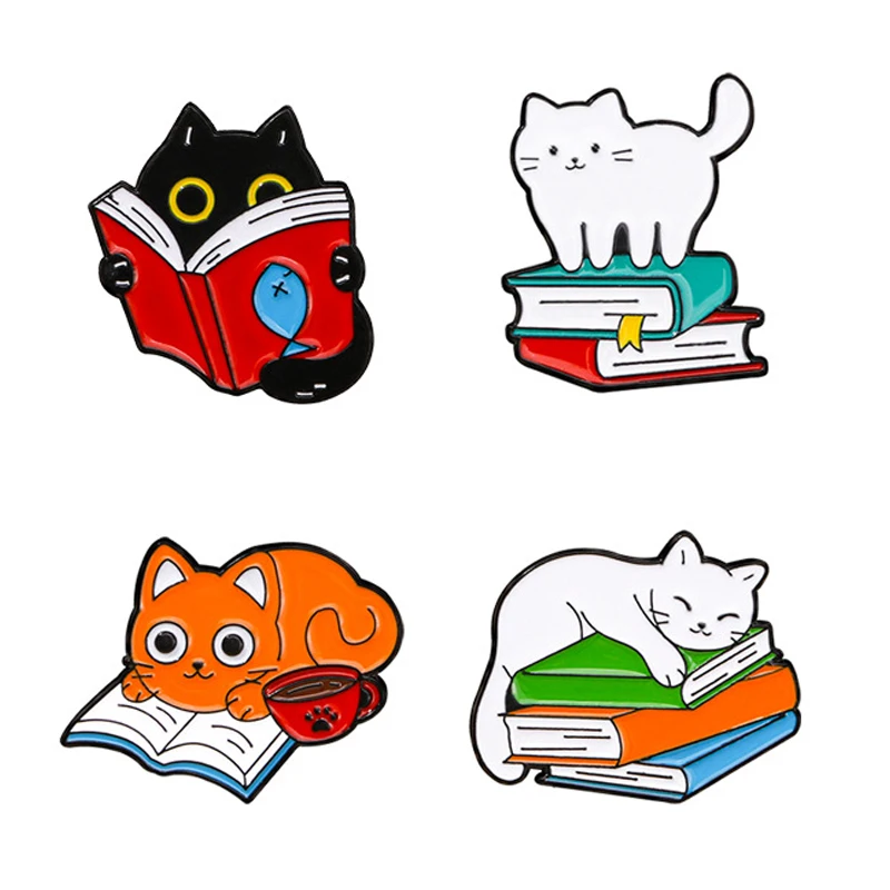

Cute Cat Enamel Brooch Cartoon Reading White Cat Orange Kitten Sleeping Metal Badge Punk Animals Lapel Pin Jewelry Gift For Kids
