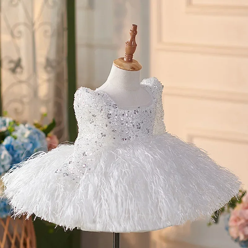 Bridesmaid Dress for Flower Girls Princess Weddings Luxurious Kids Sequin Hostess Costume Matching Children Feather Gown Outfit - 3