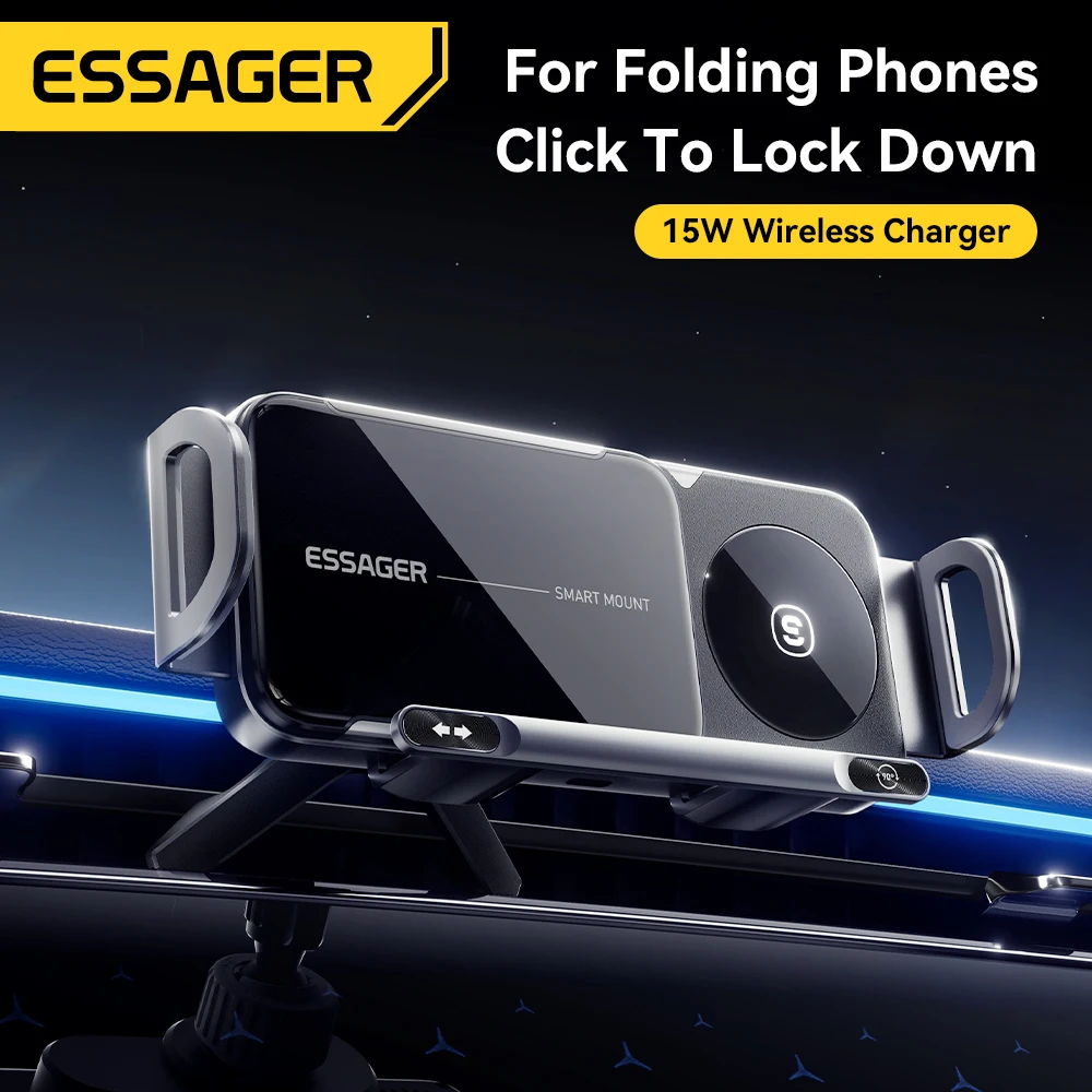 Essager Fold Screen Car Wireless Charger 15W For Samsung Galaxy Z Fold 6 5 Note 20 10 9 8 Dual Coil Rotatable Car Phone Holder
