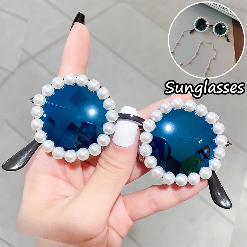 

Kids Sunglasses Children Gorgeous Designs Pearl UV400 Round Sun Glasses For Boy Girls Eyewear Retro Metal Eyeglass with Chain