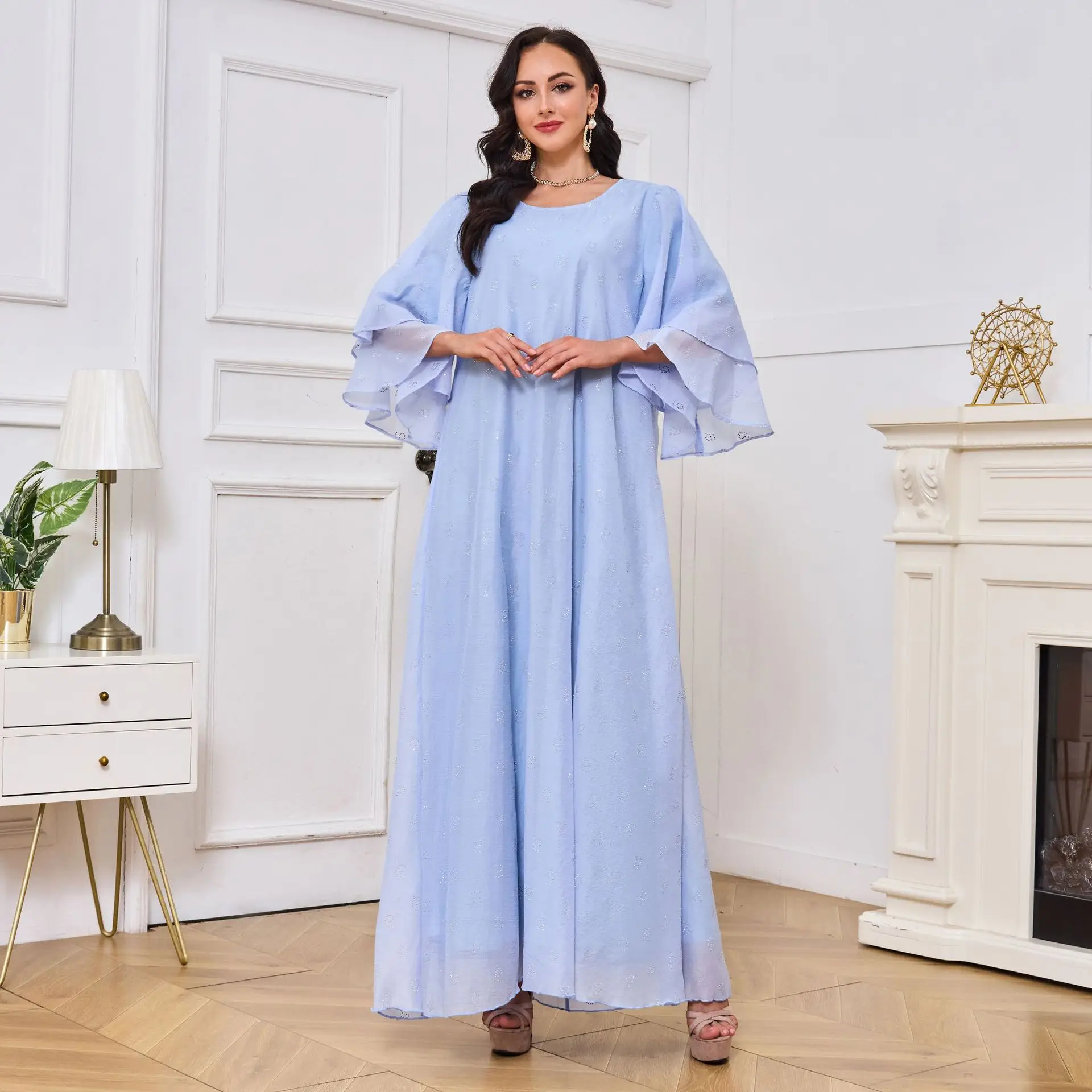 

2024 Muslim Robe Women's Hot Diamond Double Layer Short Sleeve Loose Dress