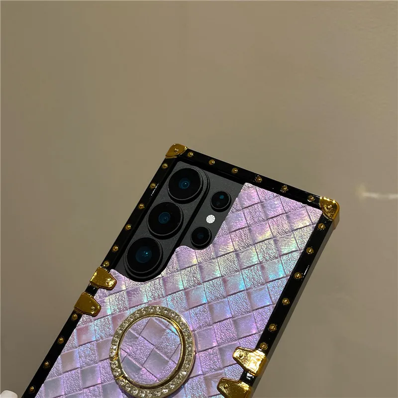 Diamond Ring Holder Phone Case With Weave Pattern For Iphone_voghion.com