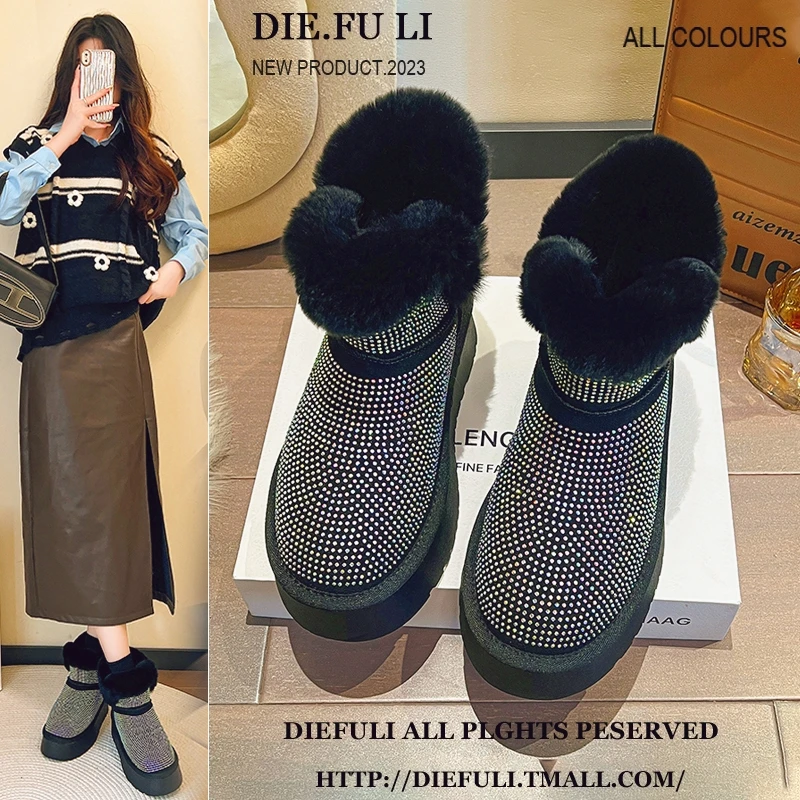 

Boots Flat Platform Female Shoes Luxury Designer Plush Round Toe Australia Crystal Boots-Women Winter Footwear Clogs Ladies Fas