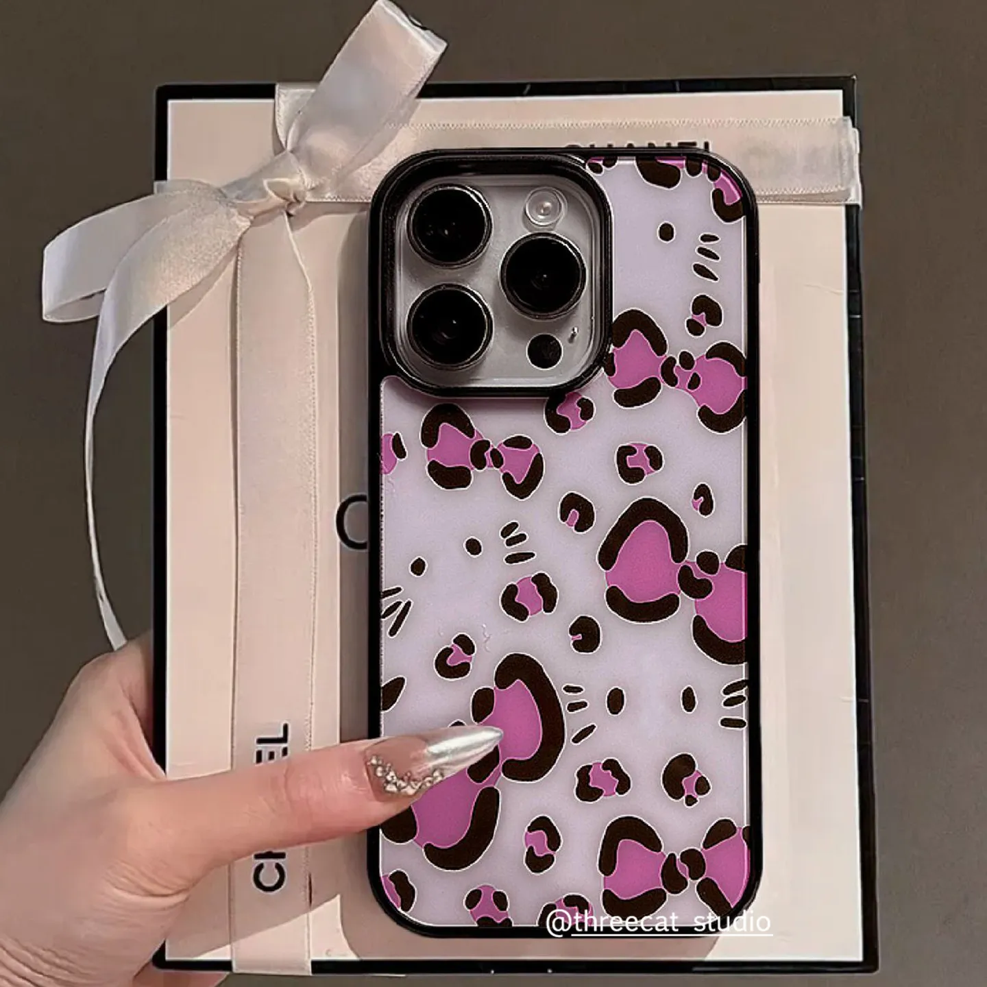 Pink Leopard Print Bow Cat Face Phone Case - Shockproof Silicone Back Cover