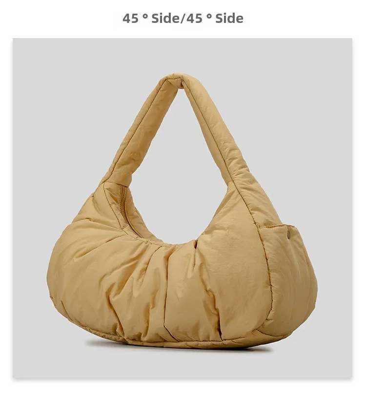 Shoulder Bag Women Padded Crescent Quilted Lightweight Nylon Handbag_voghion.com