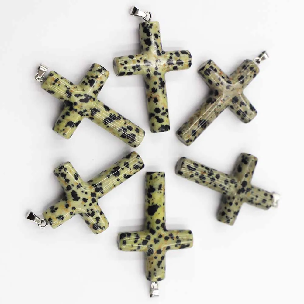 Natural Semi-precious Stone Pendant Cylindrical Cross Necklace Religious Belief Jewelry Accessories 6Pcs Wholesale Free Shipping