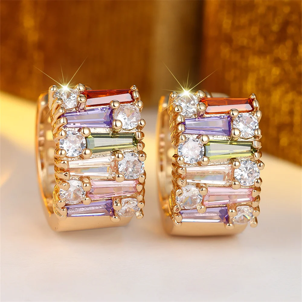 Multicolor Zircon Rainbow Small Stone Round Hoop Earrings For Women Vintage Gold Color Ear Buckle Wedding Jewelry Valentine Gift