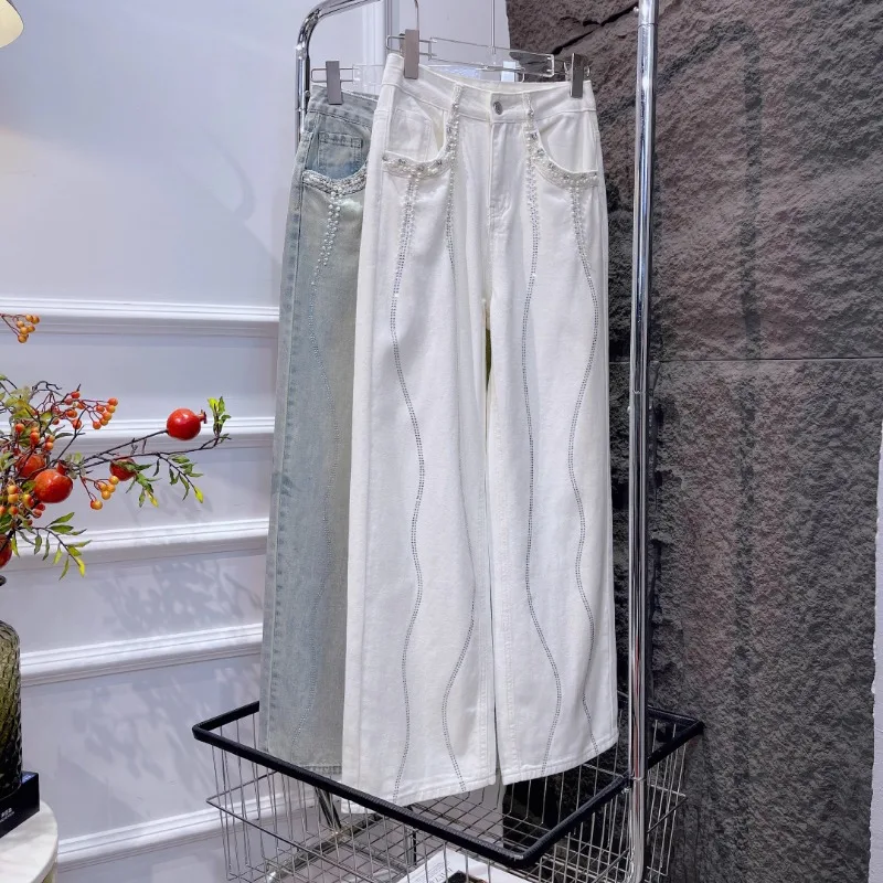 Beige Heavy Handmade Beaded Loose Jeans Women\'s 2024 Spring New Design Sense Fashion Casual Straight Denim Pants Baggy Trousers