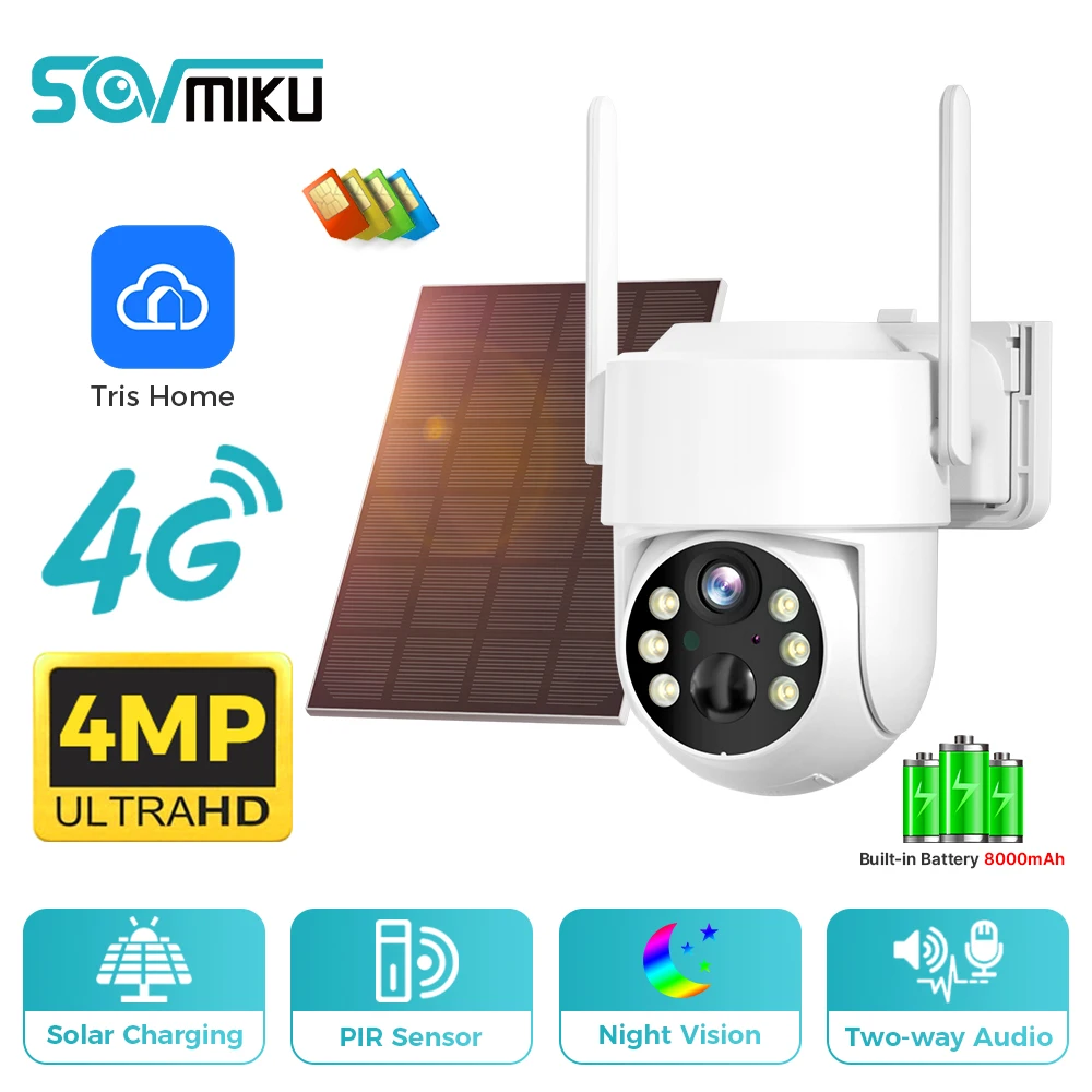 SOVMIKU 4G Solar Camera 4MP PIR Human Detection Video Surveillance With Solar Panel PTZ Battery Camera 8000mAh Long Time Standby xm hard disk video recorder nvr h265 monitoring host hd real time monitoring support mobile phone remote viewing intelligent