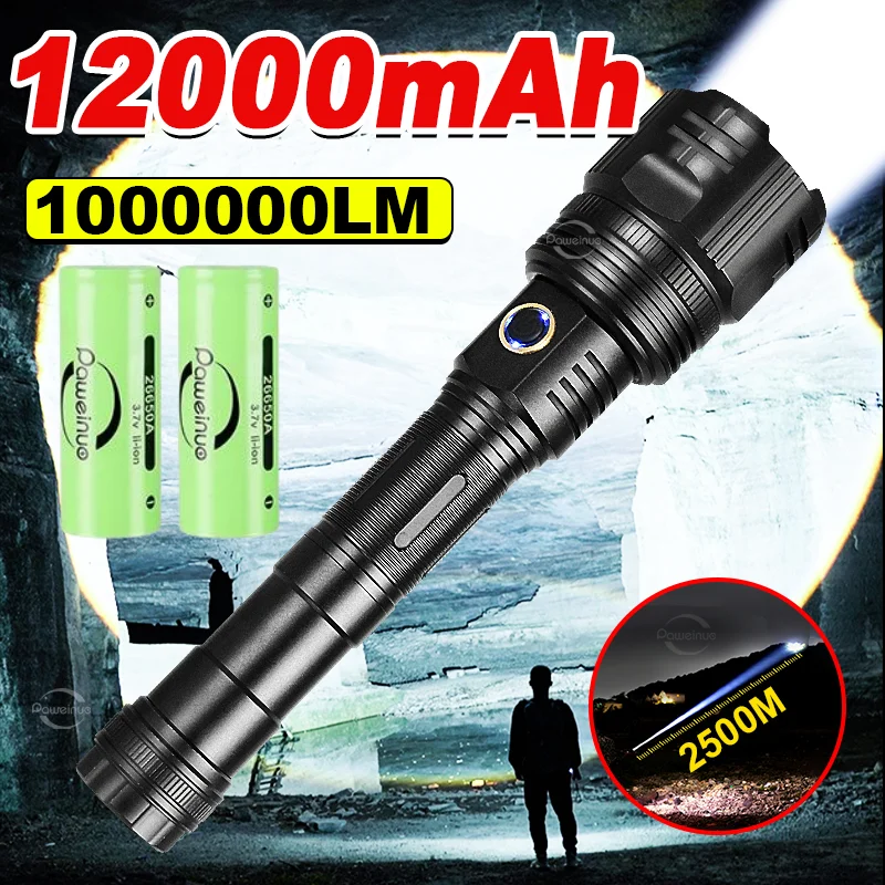 12000mAh 1000000LM Ultra Powerful Laser Flashlights Zoom USB Rechargeable Lantern Outdoor Camping Torch