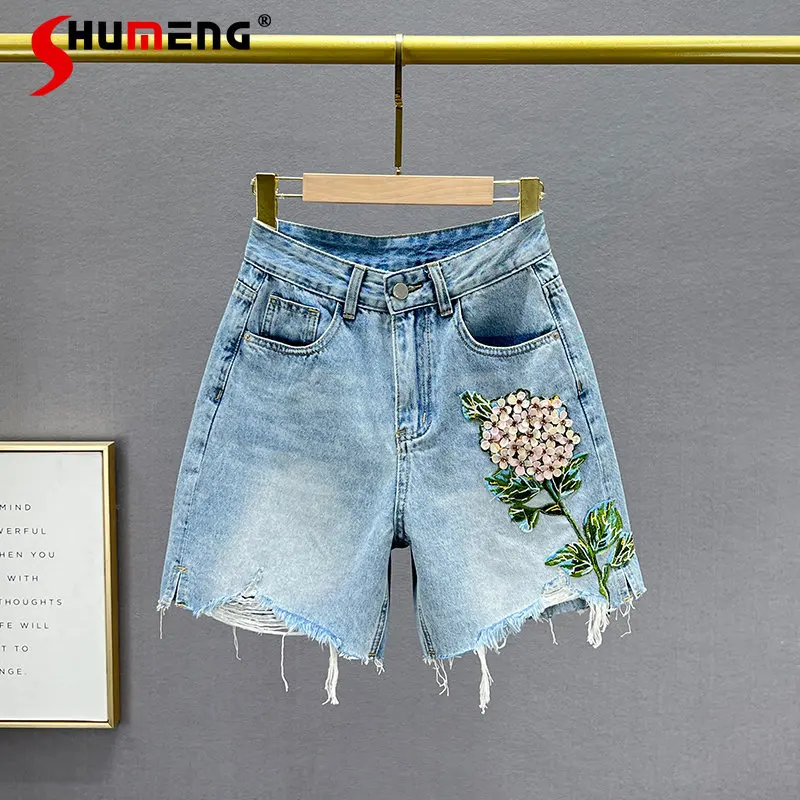 

Embroidered Denim Shorts for Women 2023 New Summer High Waist Loose and Slimming Ins All-Match Diamond-Embedded Ripped Breeches