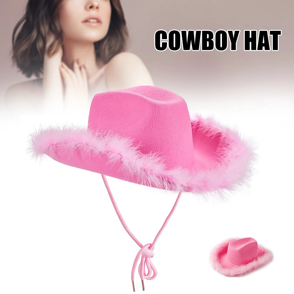 Pink Cowboy Hat with Feather Wide Brim Sun Hat for Woman and Men Pink Fluffy Cowboy Hats & Caps Hats H9