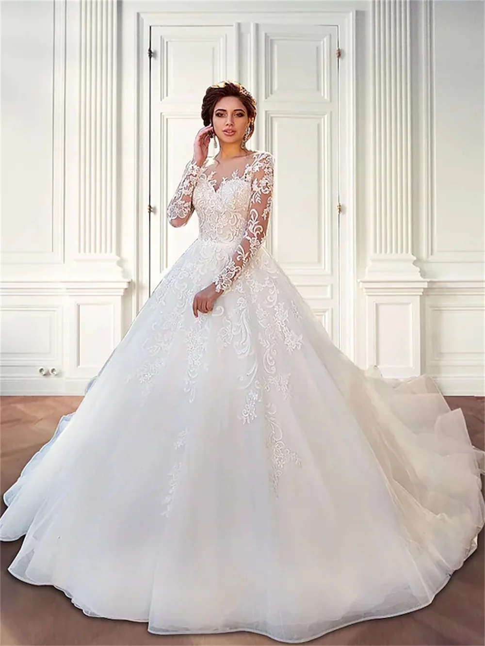 

Za Fashion Luxury Gowns Formal Ball Wedding Dresses Jewel Neck Court Train Lace Tulle Long Sleeve Plus Size Illusion Sleev