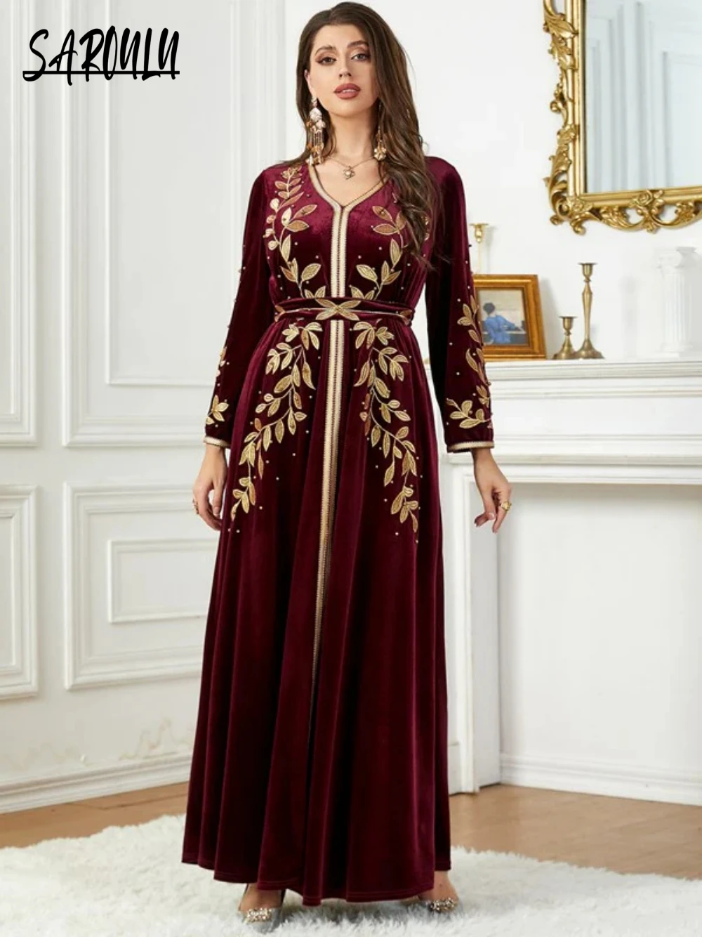 

Velvet Casual Party V-neck Evening Dress Kaftan Caftan A-line Prom Dresses Women Elegant Appliques Gown Vestido De Gala