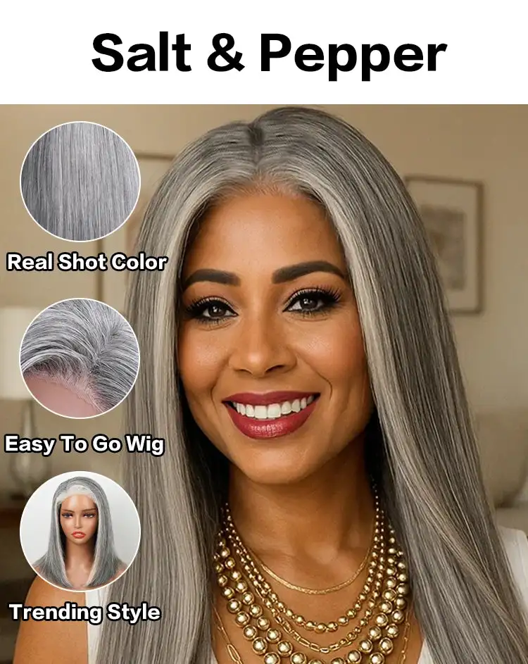 250 Density 4C Edges Salt & Pepper More Salt Highlight Front Glueless Wigs Human Hair 13x4 Straight Human Hair Wigs 5x5 Lace Wig