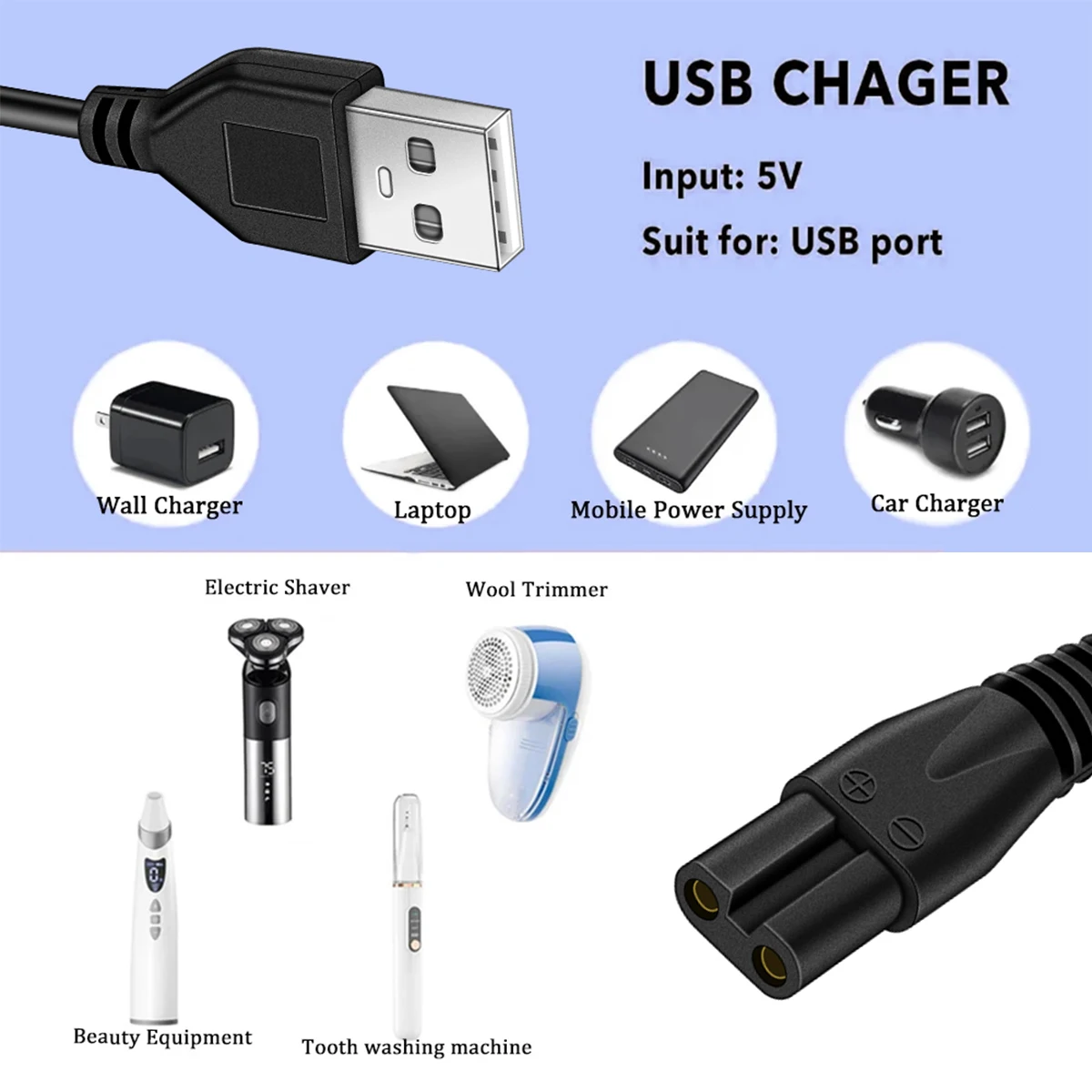 Universal USB 2-Prong Shaver Charging Cable Replacement