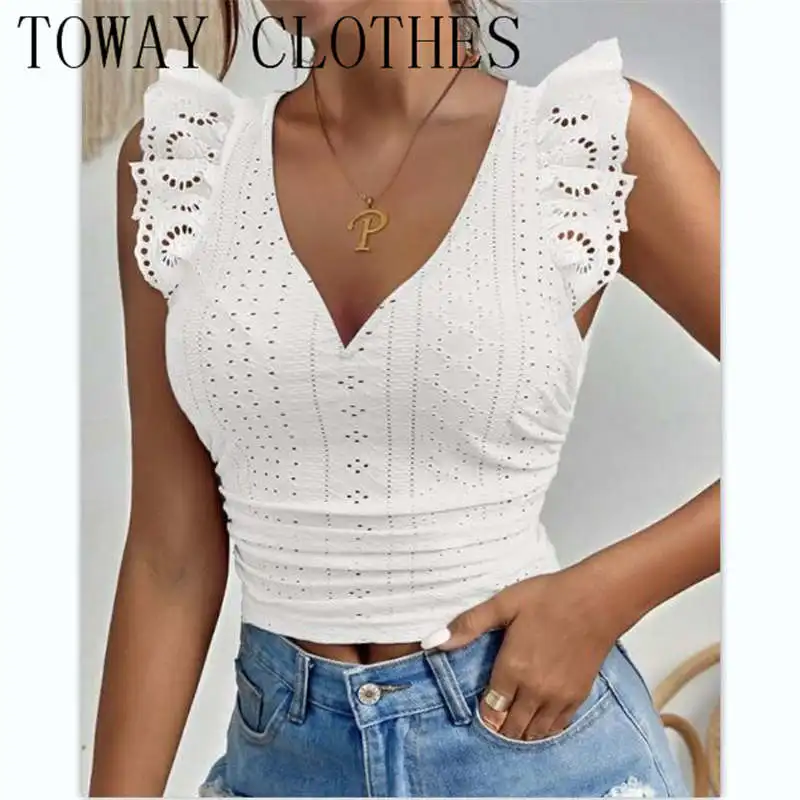 

Женский Повседневный Топ с V-образным вырезом, кружевной облегающий топ с рукавами-фонариками и вышивкой ушками, лето 2023