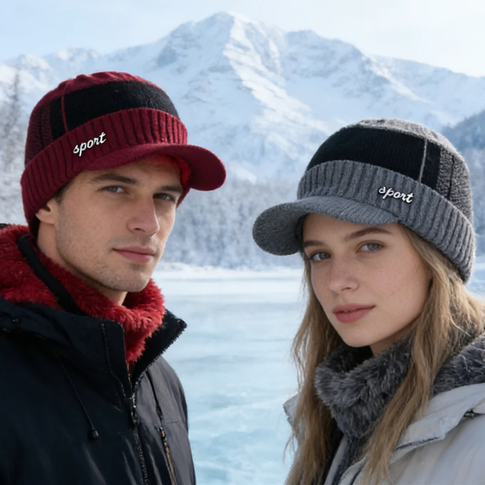 Hot Sale Unisex Warm Winter Hat With Brim Plush Fur Lined Knit Cap Sports Label Thicken Winter Hats For Men