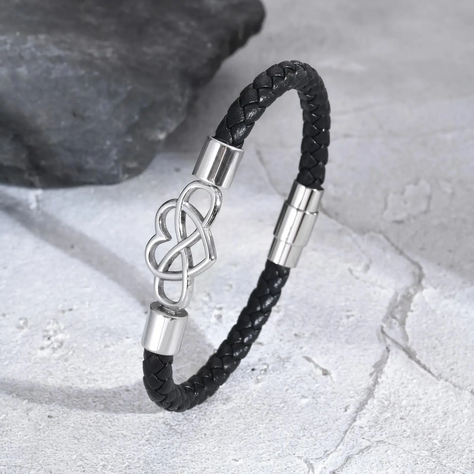 Black Microfiber Leather Rope Bracelet for Men,Infinite Hart-shaped Stainless Steel Bracelet,Anniversary Gifts for Him