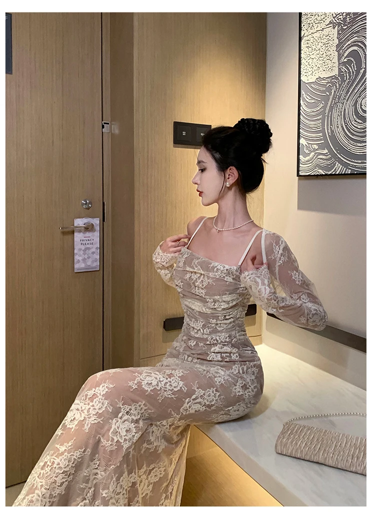 Sexy Bodycon Lace Long Dresses for Women Wedding Party Dress Spaghetti Strap with Smock French Vintage Evening Maxi Vestidos New