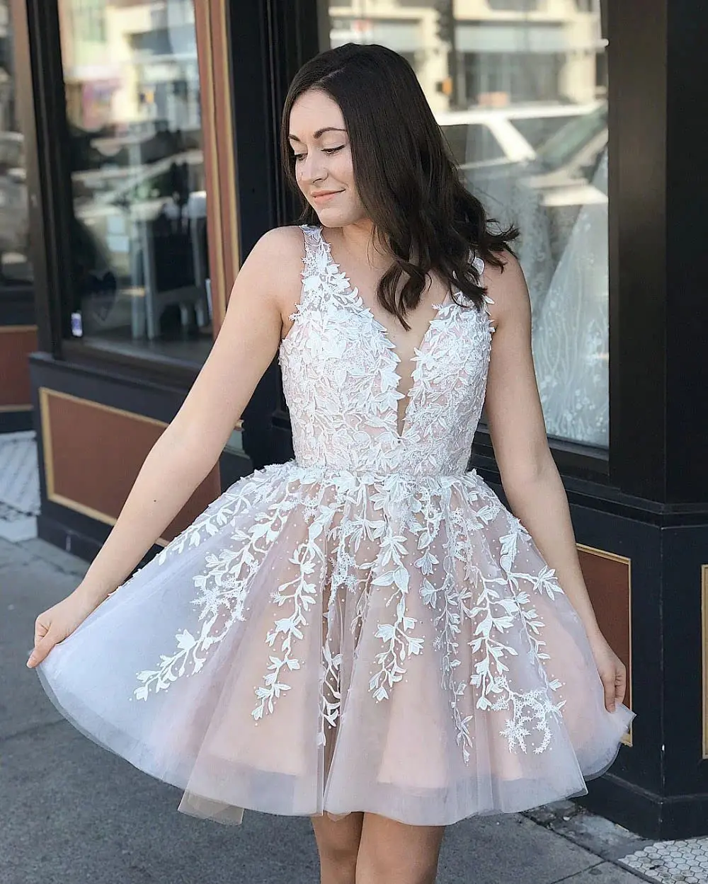 Belle robe de cocktail en fibre à col en V, appliques, perles A-ligne, courte, Rhde fin d'année, robes de soirée, quelles que soient les zones élégantes