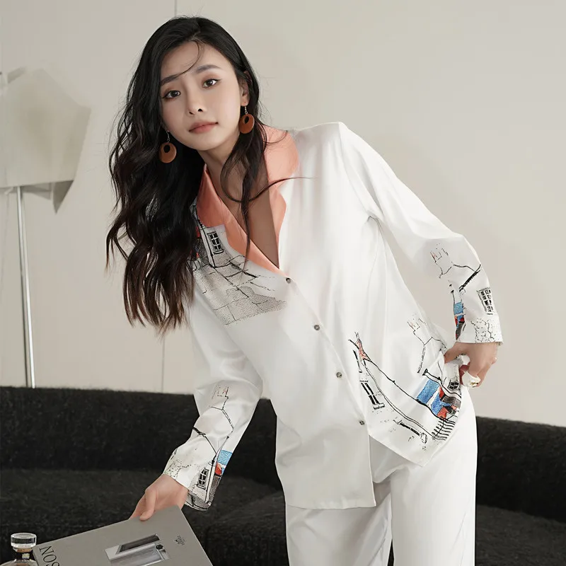 New women's pajamas ice silk city print long-sleeved trousers two-piece homewear pajama set women sleepwear