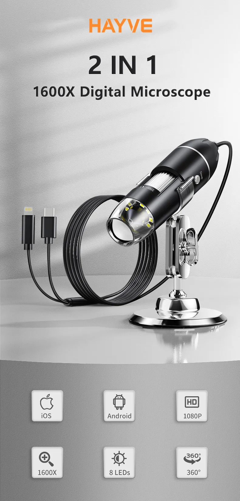 Description Picture 2 of itemHayve USB Microscope 1600X Zoom 1920P HD Electronic Digital Microscopes for Soldering with 8 LEDs Compatible with iOS & Android