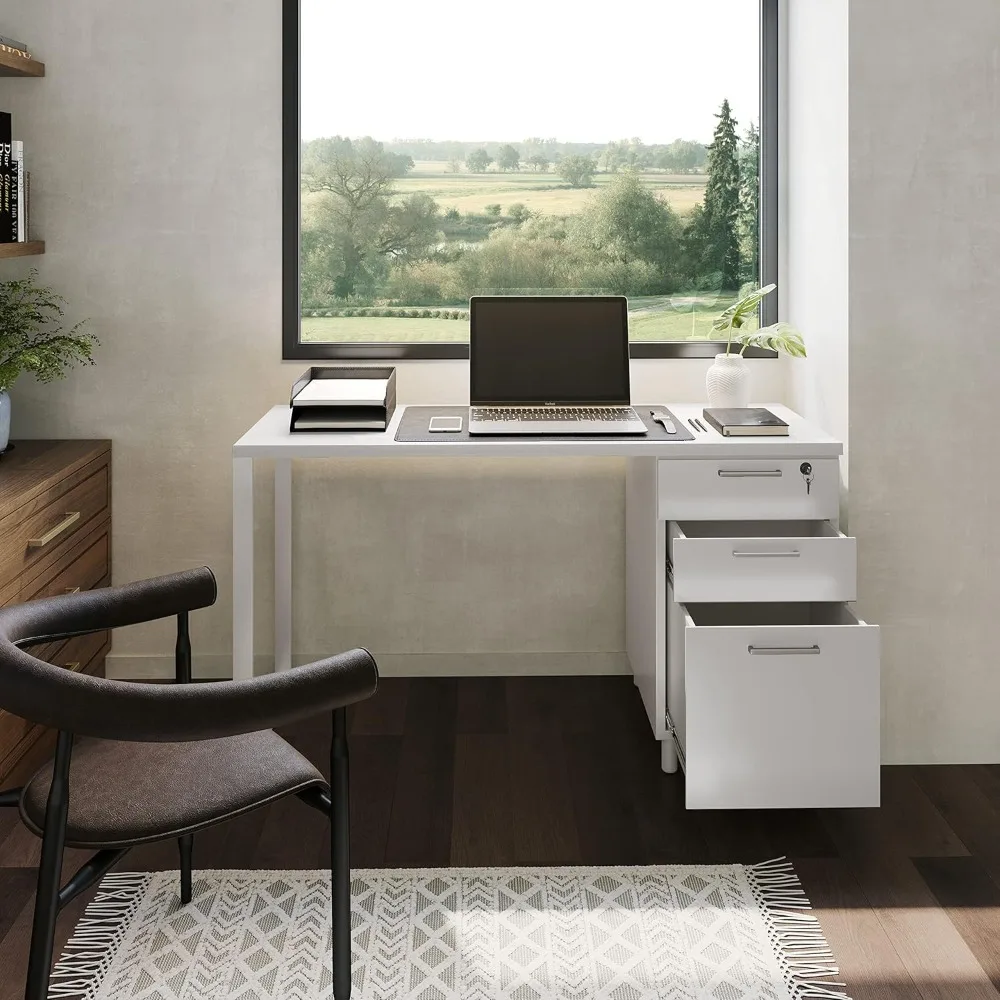 "contemporary milan-style office desk with 3 secure drawers, 48" white rustic wood desk with filing and storage solutions"