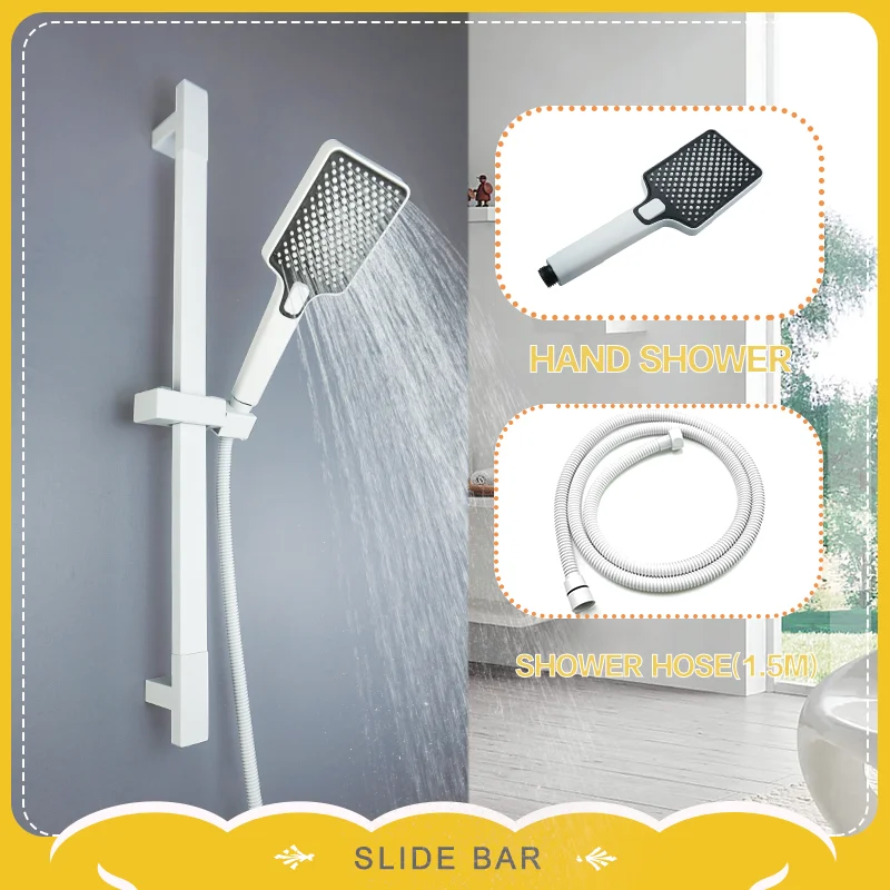 White Shower Rod Wall Mounted Shower Rod Adjustable Slide Set 2 Function Minimalist Style shower set