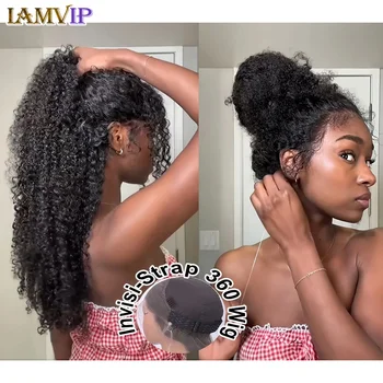 Glueless 250 Density HD Invisi Strap 360 Full Lace Frontal Kinky Curly Wig 30 inch Black Human Hair Drawstring Snug Water Wig
