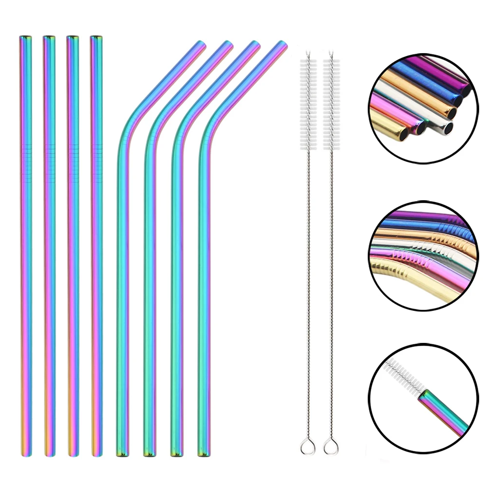 Colorful 304 Stainless Steel Metal Straw Set Reusable Drinking Straws With Brush Milk Juice
