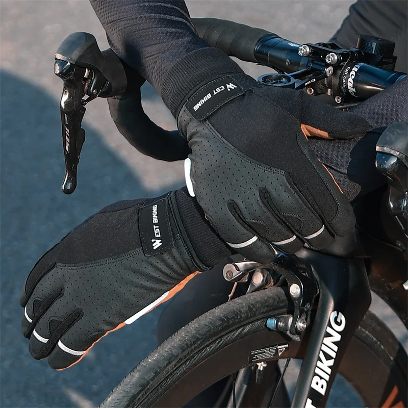 WEST BIKING Full Finger Protective Gloves Touch Screen Shockproof PU Leather Bike Gloves Thick Non-Slip Sports Safe Motor Gloves